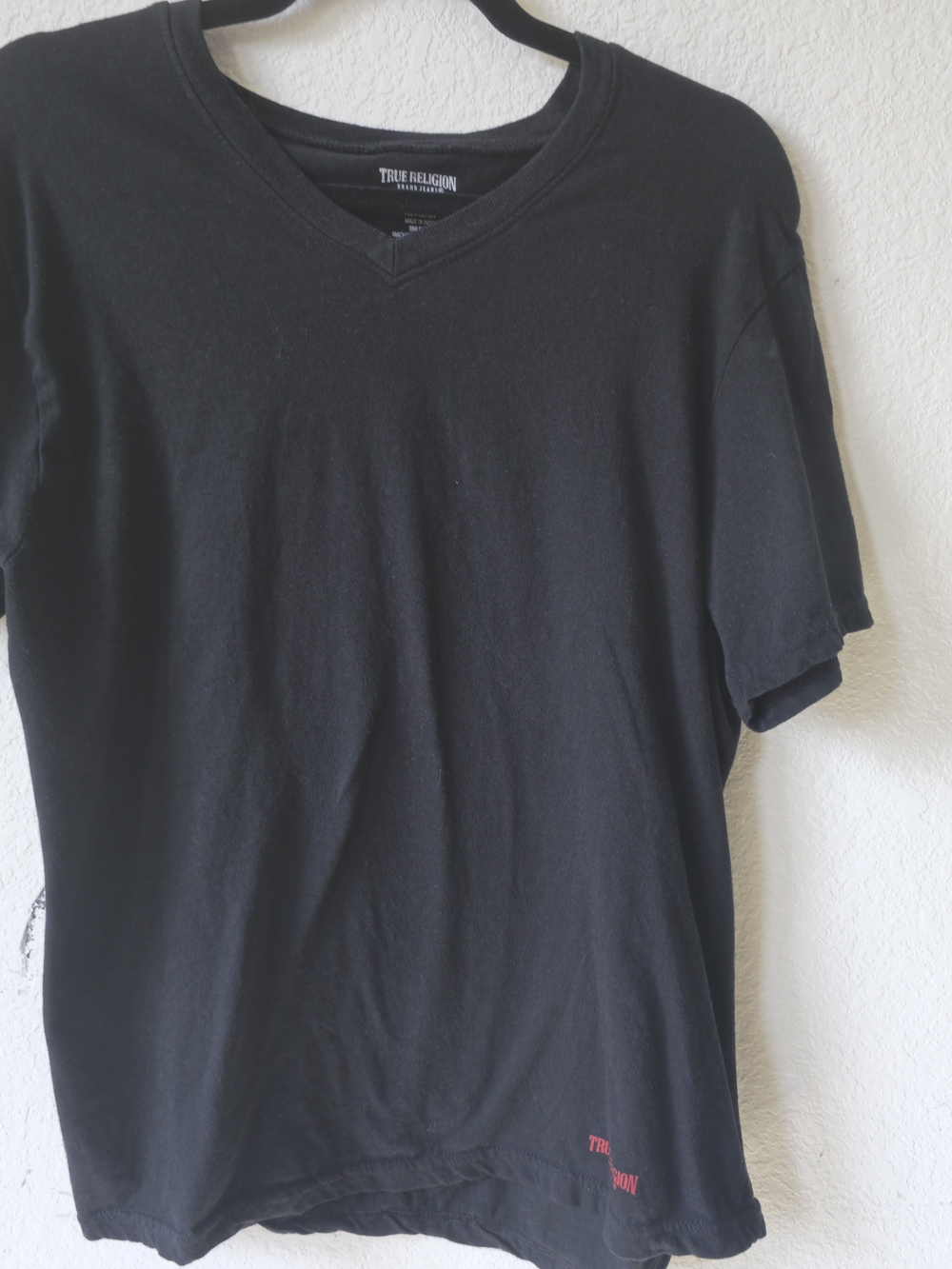 True Religion Men’s Black V-Neck Tee with Subtle Red Accent